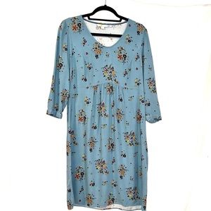 Boden Teal Blue Floral Print Mini Dress Size 8L Long Sleeves Tall Retro Print